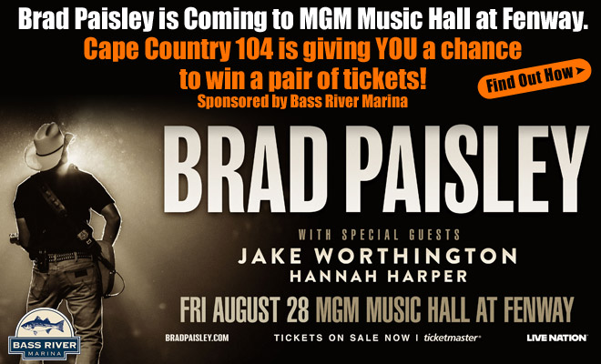 Win a pair of tickets to see Brad Paisley at MGM Music Hall at Fenway Sponsored By Bass River Marina!